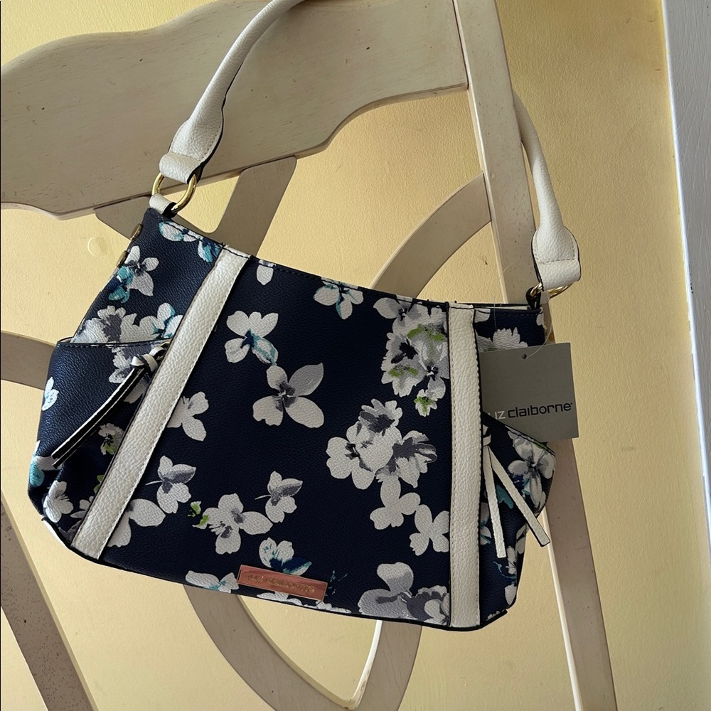 Liz Claiborne Navy and White Floral Shoulder Bag